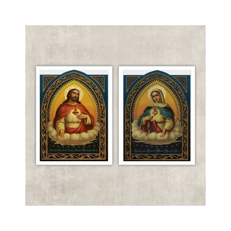 Kit 2 Quadros Sacros Coração De Jesus E Maria 24x18cm - com vidro:Madeira preta