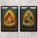 Ver imagem 2 de Kit 2 Quadros Sacros Coração De Jesus E Maria 24x18cm - com vidro:Madeira preta