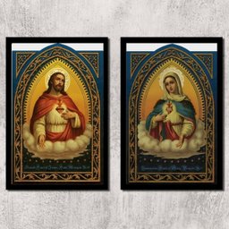 Kit 2 Quadros Sacros Coração De Jesus E Maria 24x18cm - com vidro:Madeira preta - 2