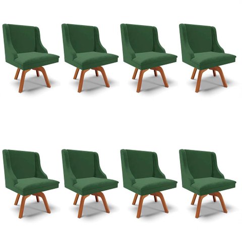 Kit 8 Cadeiras Estofadas Base Giratória de Madeira Lia Veludo Verde Esmeralda - Ibiza
