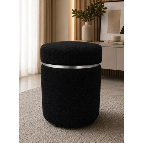Puff com Cinta Superior Prata, Cor Preto Boucle - Let Móveis