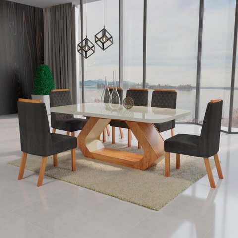 Sala de Jantar 160x80 Mdf/vidro 6 Cadeiras Lottus Bom Pastor