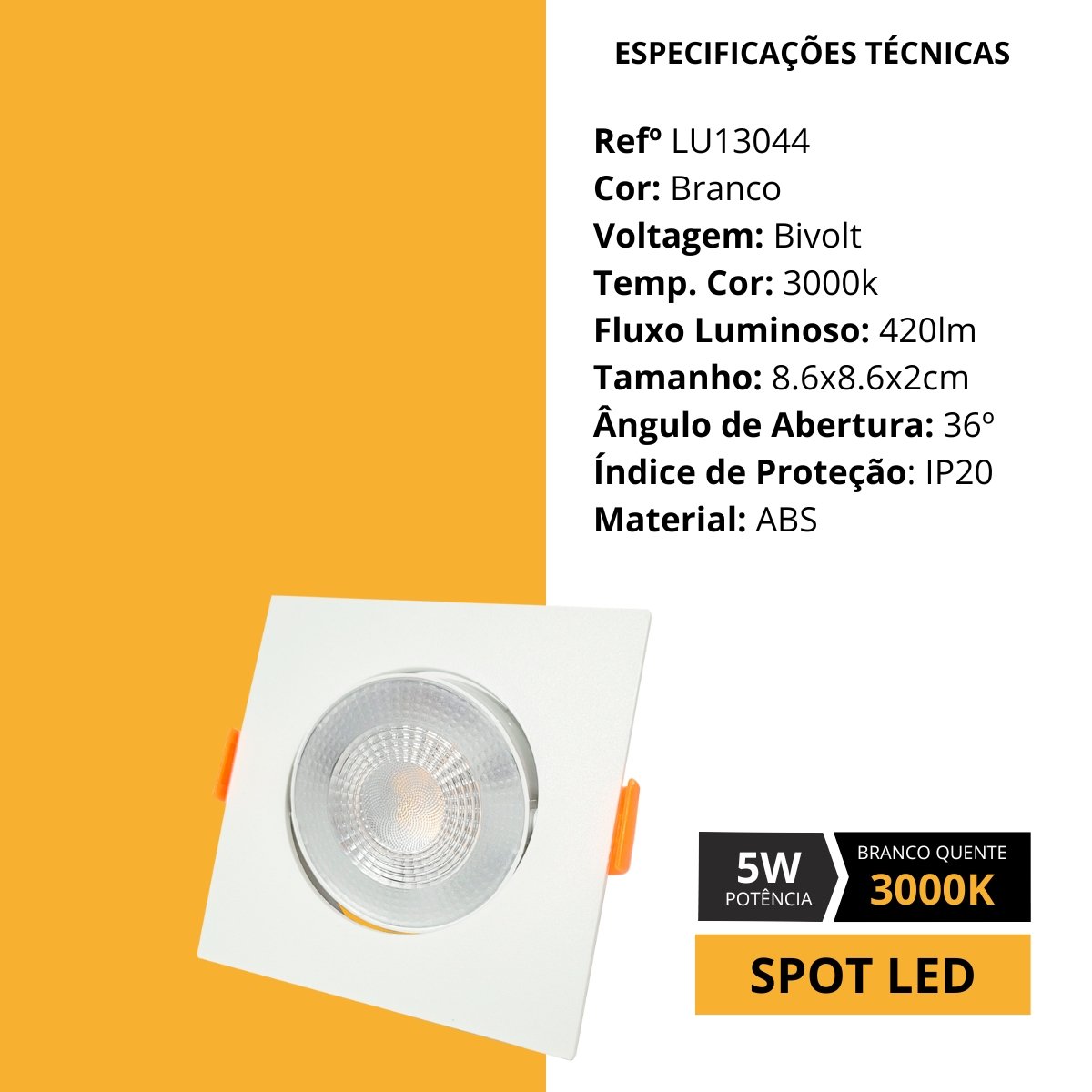 Kit 2 Teto Spot Led Olho de Boi 5w 3000k Direcionável Quadrado Embutir Bivolt - 8