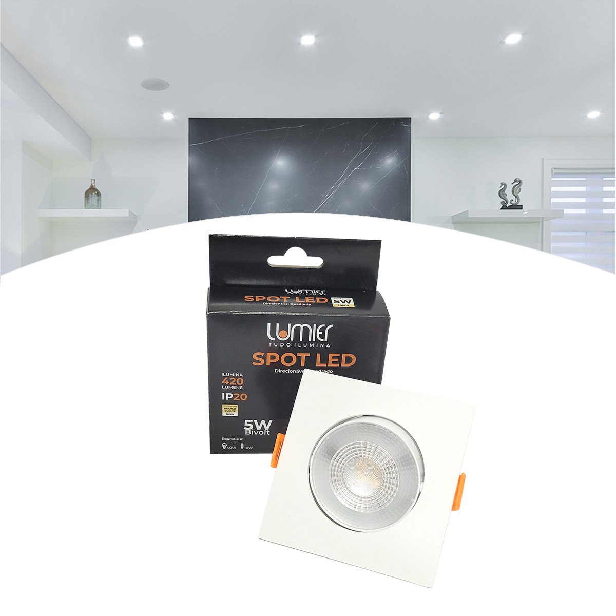 Kit 2 Teto Spot Led Olho de Boi 5w 3000k Direcionável Quadrado Embutir Bivolt - 2