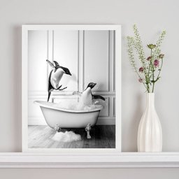 Quadro Decorativo Banheiro- Pinguins Banheira 24x18cm:madeira Branca - 2