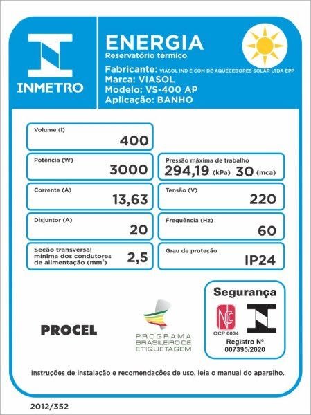 RESERVATÓRIO TÉRMICO (BOILER) 400L FECHADO 316 - ALTA PRESSÃO:110V - 2