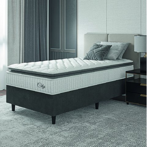 Cama Box Colchão Solteiro Molas Ensacadas City Pillow Top 88x188x61cm Branco / Cinza Hellen - Suport