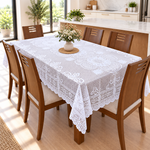 Toalha de Mesa de Renda 6 Lugares Retangular Branca