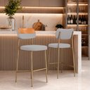 Ver imagem 1 de Kit 2 Banquetas Alta Sala de Jantar Lisa Pés Champanhe Linho/PU Cinza/Caramelo m² - Monari Design