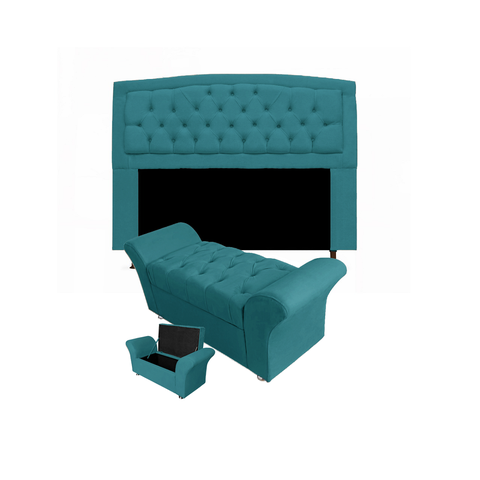 Cabeceira Geovana e Calçadeira Veneza Para Quarto Solteiro 90cm Suede Azul Turquesa - LM DECOR
