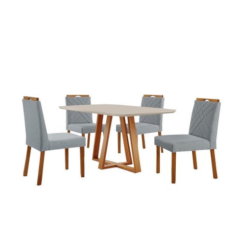 Conjunto Sala de Jantar Mesa Florença 140x80cm Off White com 4 Cadeiras Dallas Linho Cinza