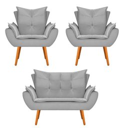 Kit Namoradeira e 02 Poltronas Apolo Palito Mel Suede Cinza - Doce Sonho Móveis - 1