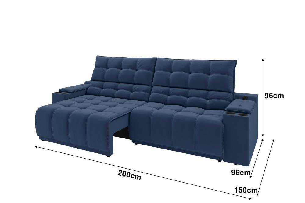 Sofá Connect Premium 2,00m Assento Retrátil/reclinável com Porta Copos e Entrada Usb Suede Azul - 3