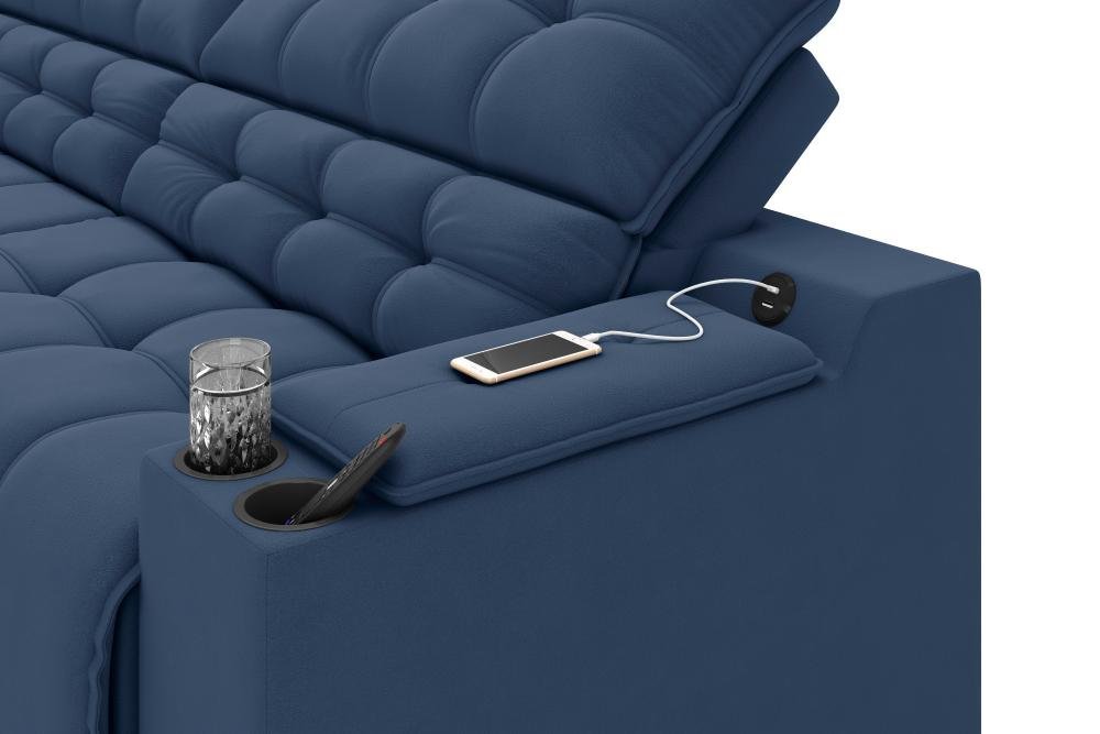 Sofá Connect Premium 2,00m Assento Retrátil/reclinável com Porta Copos e Entrada Usb Suede Azul - 5