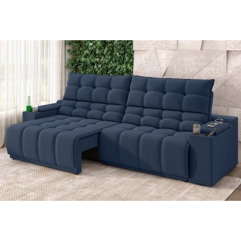 Sofá Connect Premium 2,00m Assento Retrátil e Reclinável com Porta Copos e Entrada USB Suede Azul