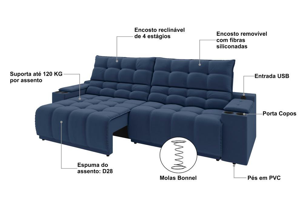 Sofá Connect Premium 2,00m Assento Retrátil/reclinável com Porta Copos e Entrada Usb Suede Azul - 4