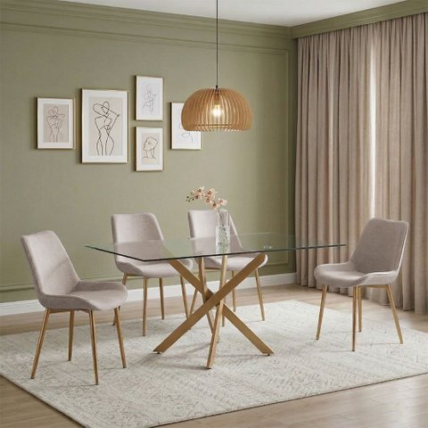 Conjunto Mesa de Jantar Lara 160cm Vidro 10mm Base Aço Carbono Bronze com 4 Cadeiras em Linho Bege
