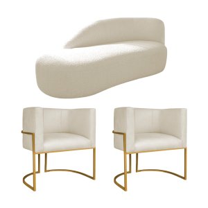 Kit Divã Luna 140cm Lado Esquerdo e 02 Poltronas Base de Ferro Dourado Linho