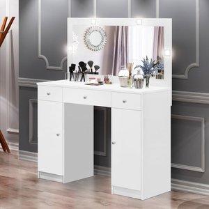 Penteadeira Camarim com 3 Gavetas 2 Portas Espelho e LED - Realeza - Branco J&A Móveis