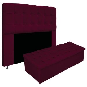 Kit Cabeceira e Calçadeira Baú Estofada Mel 160 cm Queen Size Com Capitonê Suede Bordô - Doce