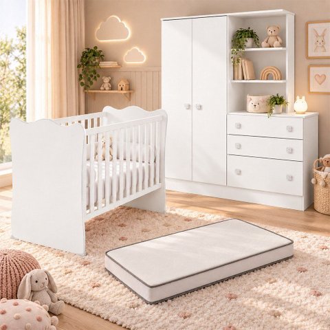 Kit Quarto de Bebê Doce Sonho com Berço para Mosquiteiro Guarda Roupa com Cômoda e Colchão 130x60 Mo
