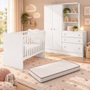 Ver imagem 1 de Kit Quarto de Bebê Doce Sonho com Berço para Mosquiteiro Guarda Roupa com Cômoda e Colchão 130x60 Mo