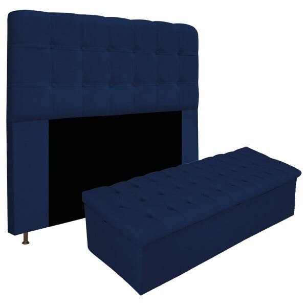 Kit Cabeceira e Calçadeira Baú Estofada Mel 160 cm Queen Size Com Capitonê Suede Azul Marinho -