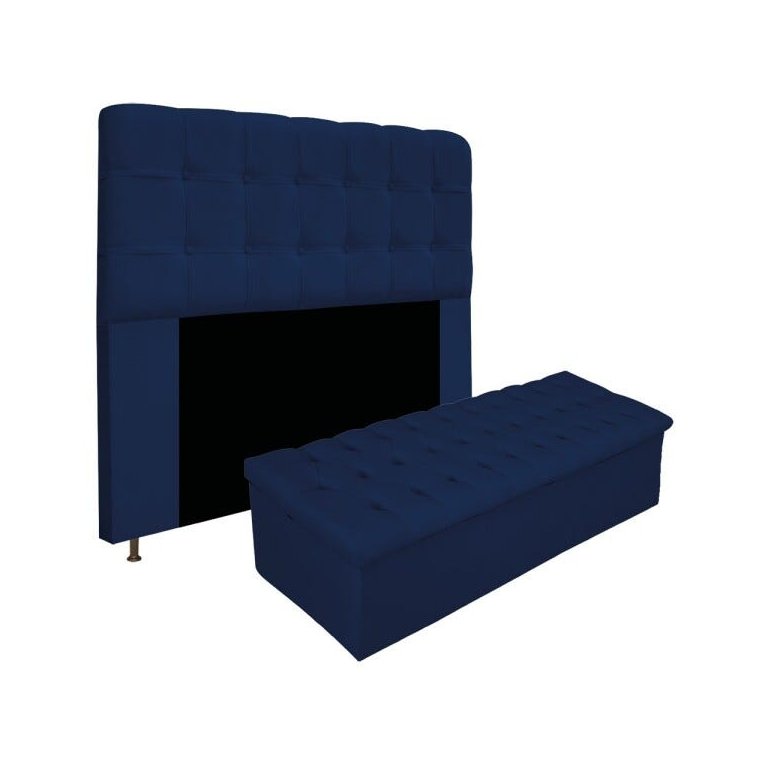 Kit Cabeceira e Calçadeira Baú Estofada Mel 160 cm Queen Size Com Capitonê Suede Azul Marinho -