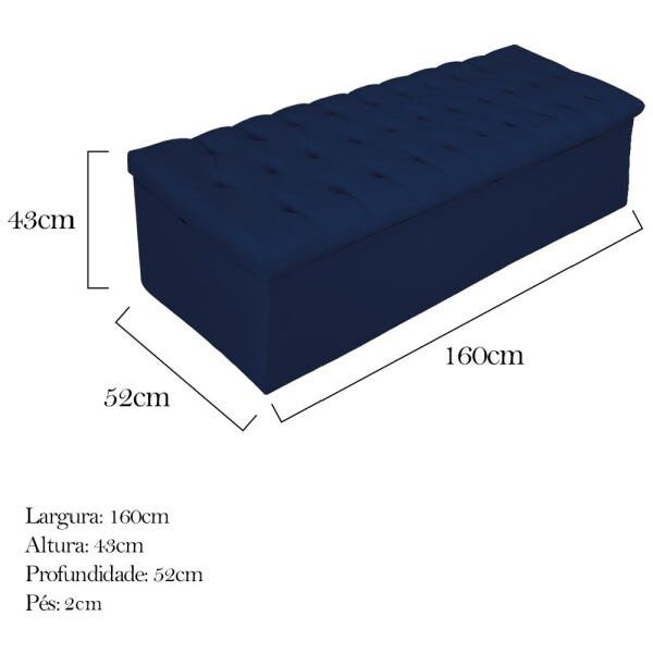 Kit Cabeceira e Calçadeira Baú Estofada Mel 160 cm Queen Size Com Capitonê Suede Azul Marinho - - 5