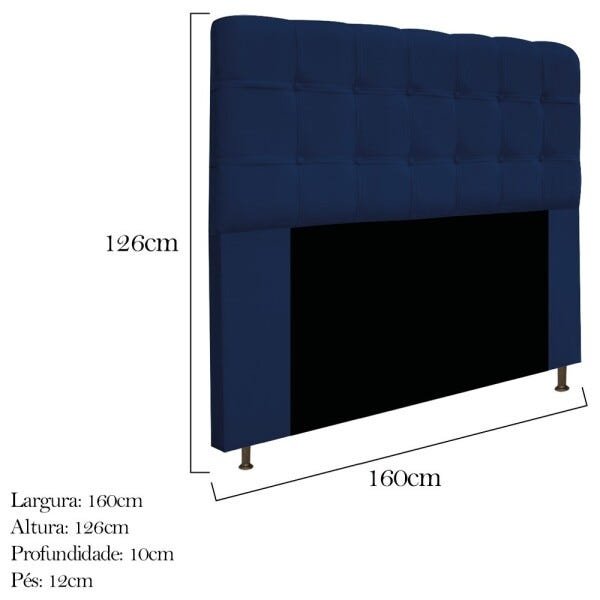 Kit Cabeceira e Calçadeira Baú Estofada Mel 160 cm Queen Size Com Capitonê Suede Azul Marinho - - 4