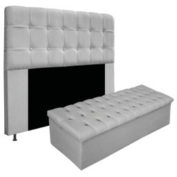 Kit Cabeceira e Calçadeira Baú Estofada Mel 160 cm Queen Size Com Capitonê Suede Cinza - Doce - 1