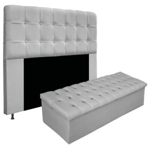Kit Cabeceira e Calçadeira Baú Estofada Mel 160 cm Queen Size Com Capitonê Suede Cinza - Doce