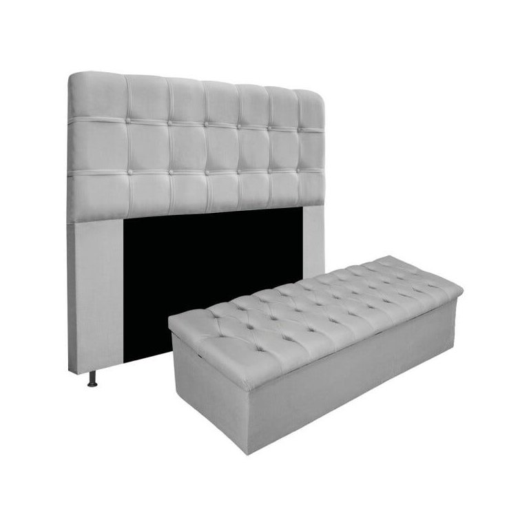 Kit Cabeceira e Calçadeira Baú Estofada Mel 160 cm Queen Size Com Capitonê Suede Cinza - Doce