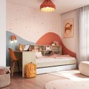 Ver imagem 1 de Cama Infanto Juvenil com Escrivaninha Estante e Cama Auxiliar Solteiro Carvalho e Branco Completa Mó