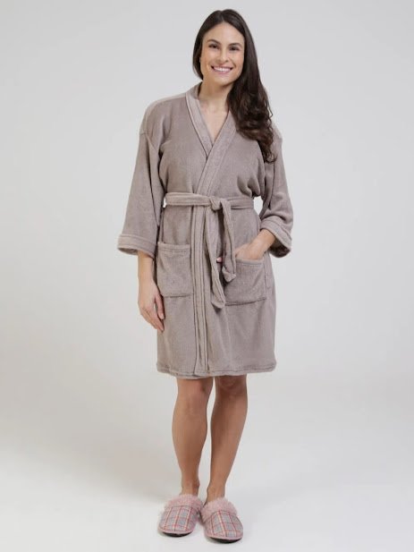 Roupão Microfibra Plush Inverno Frio Toque Macio Unissex Cor: Linho Tamanho: P - 2