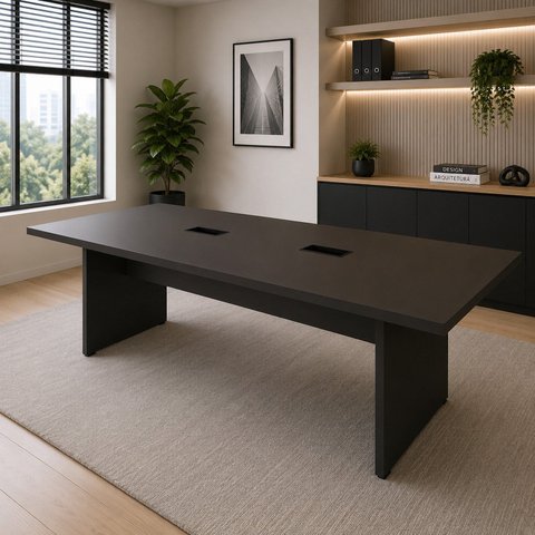 Mesa Reunião Escritório 6 Lugares 250x90cm 2 Caixas de Tomadas Pés Painel 100% MDF Corporate