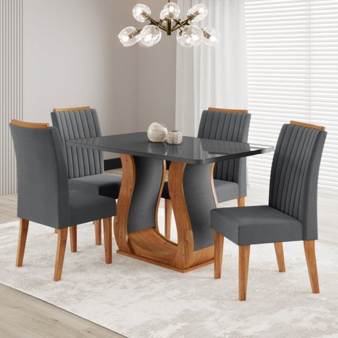 Conjunto Sala de Jantar Mesa 120x80cm Tampo com Vidro 4 Cadeiras Inspirare Yescasa Cinza/Mel