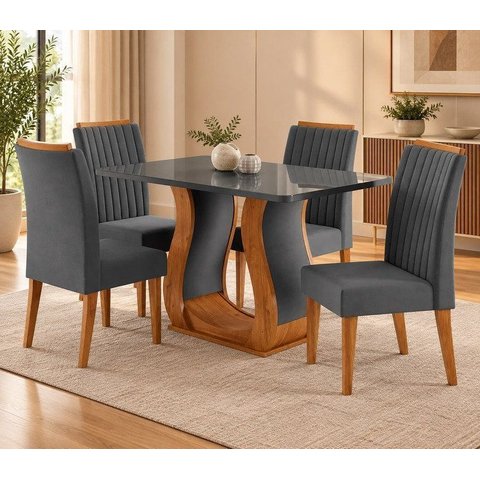 Conjunto Sala de Jantar Mesa 120x80cm Tampo com Vidro 4 Cadeiras Inspirare Yescasa Cinza/Mel