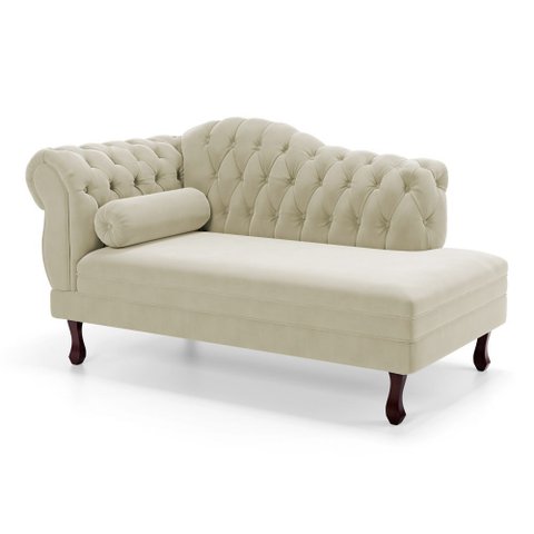 Divã Recamier Lavínia Clássico 120cm Capitonê com Pés de Madeira Suede Bege Claro - Desk Design