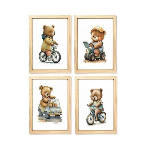 Kit Quadro Infantil Ursos Motoristas Decorativo Quarto Criança Bebê Enxoval