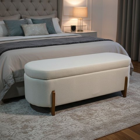 Banco Baú Organizador Estofado Orgânico Milão Peseira 1,40 Bouclê Off White - Montanari'S Decor