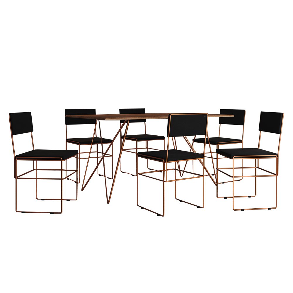 Mesa Jantar Retangular Industrial Trama 1,50x0,90m Amêndoa 6 Cadeiras Estofadas Preta e Cobre Vitóri - 2