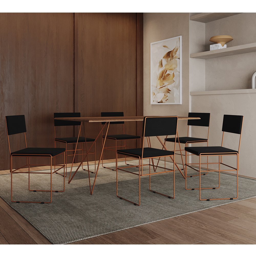 Mesa Jantar Retangular Industrial Trama 1,50x0,90m Amêndoa 6 Cadeiras Estofadas Preta e Cobre Vitóri