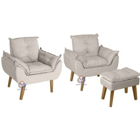 Kit 02 Poltrona Decorativa e Puff Opala Suede Bege Smf Decor