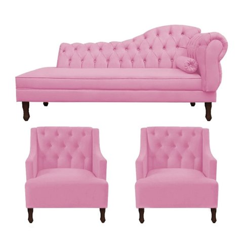 Kit Divã Cancun 140 Cm Braço Esquerdo + 2 Poltronas Genesis Rosa