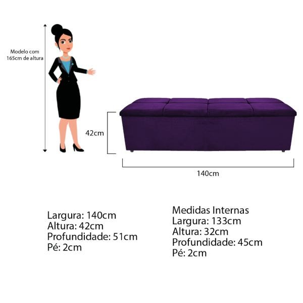 Kit Cabeceira e Calçadeira Munique 140 cm Casal Suede Roxo - Doce Sonho Móveis - 5