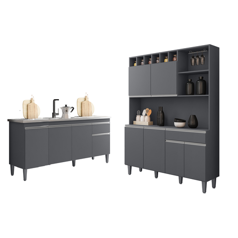 Armário de Cozinha Alice com Balcão de Pia Tatiane 150m sem Tampo Cinza - Ajl