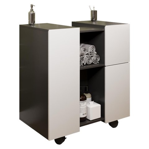 Gabinete Armario Banheiro Pia de Coluna Macau com Rodízios Preto/branco