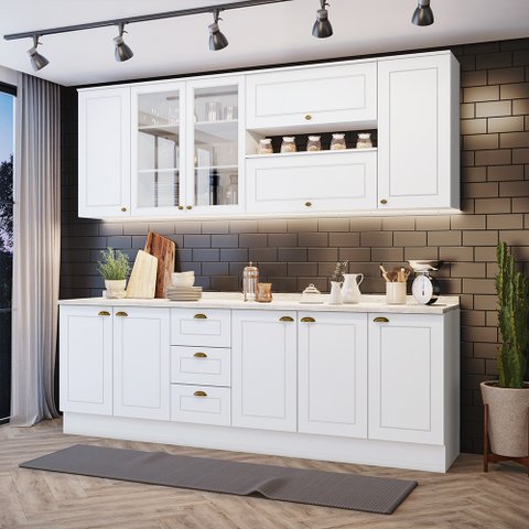 Cozinha Compacta 7 Peças Com Aéreo 3 Portas Com Vidro Amy Casa 812