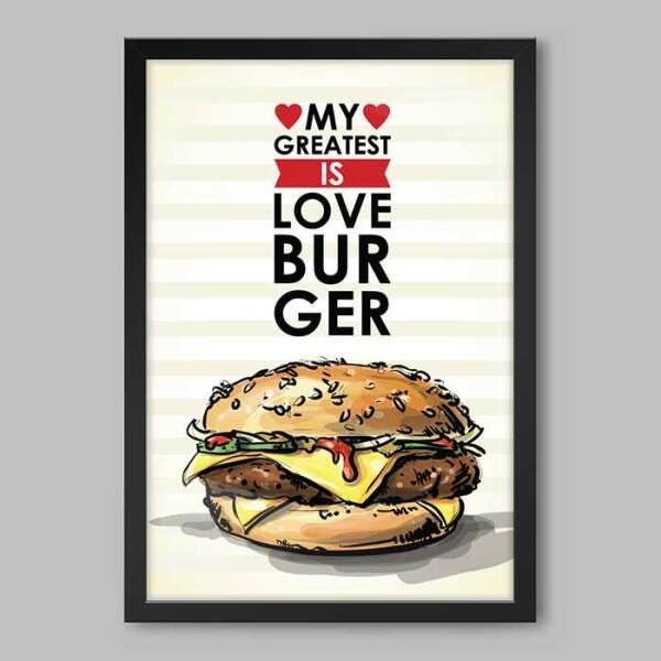 Quadro Cozinha Meu Maior Amor é Hamburger - 20x30cm - Moldura Padrão Preto - 1